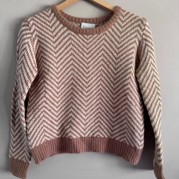 Ganni Candy Floss Wool Angora Tan Beige Chevron Print Crewneck Sweater Anthro XS - Picture 1 of 7